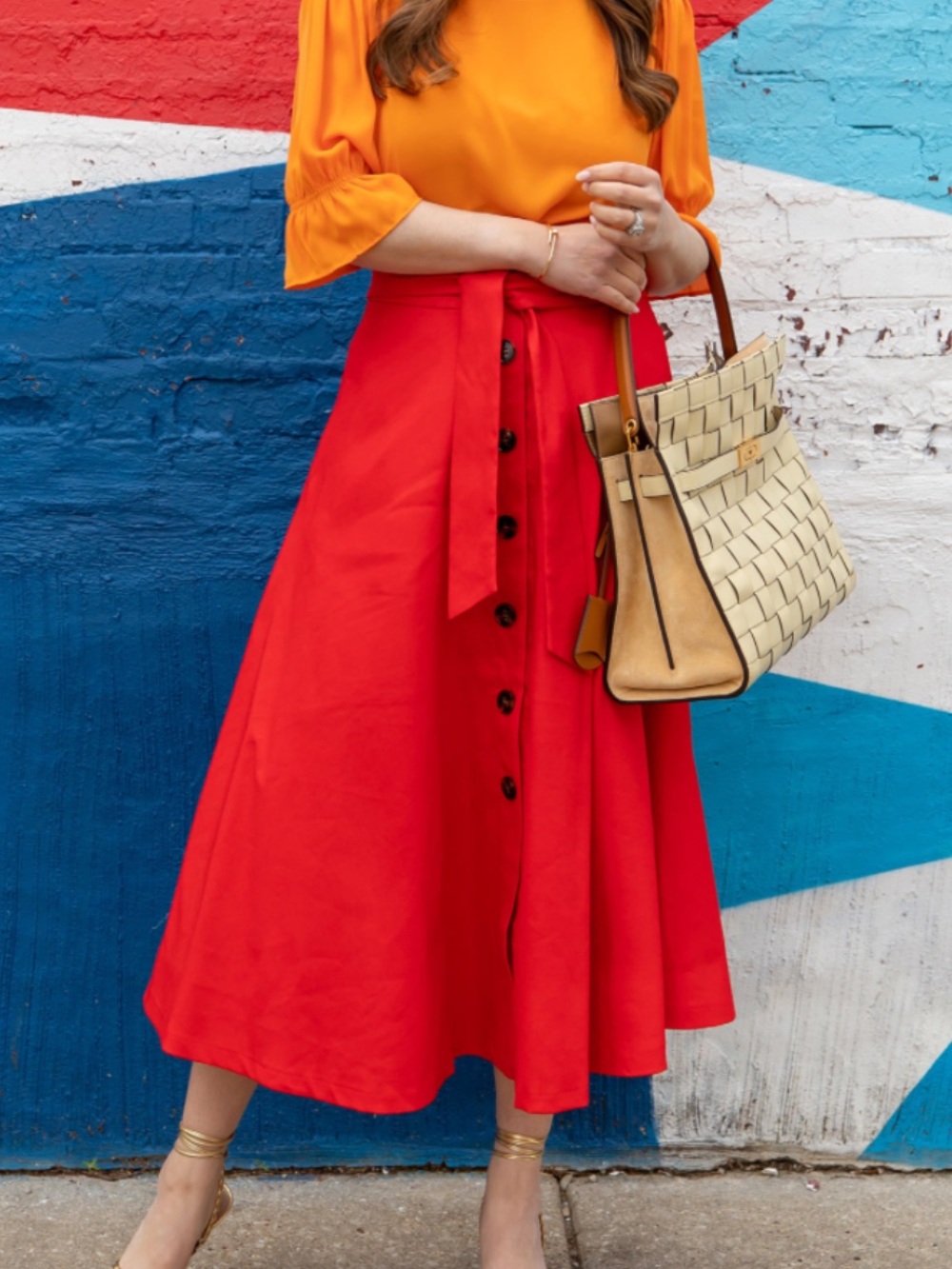 Ann Taylor Linen Blend Red Button Front Midi Skirt Tie Waist